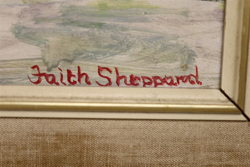 Faith Sheppard (1920-2008), oil on board, The Red Pillar Box, 30 x 75cm, and an oil study of Birch trees